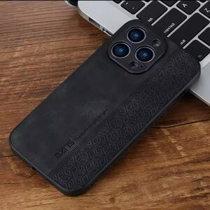 iPhone 16 Pro Max Case – Matte Black Faux Leather with Etched Geometric Design